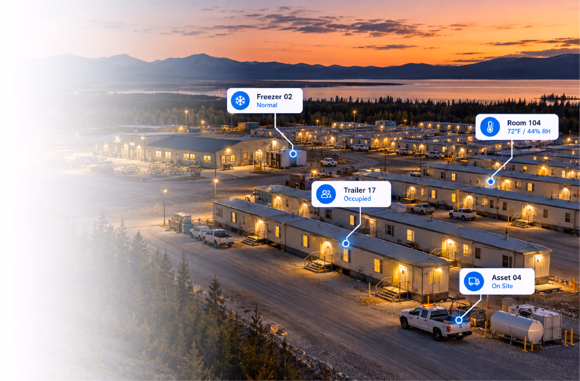 Workforce housing camp at sunset with room, refrigeration, occupancy, and asset monitoring callouts.
