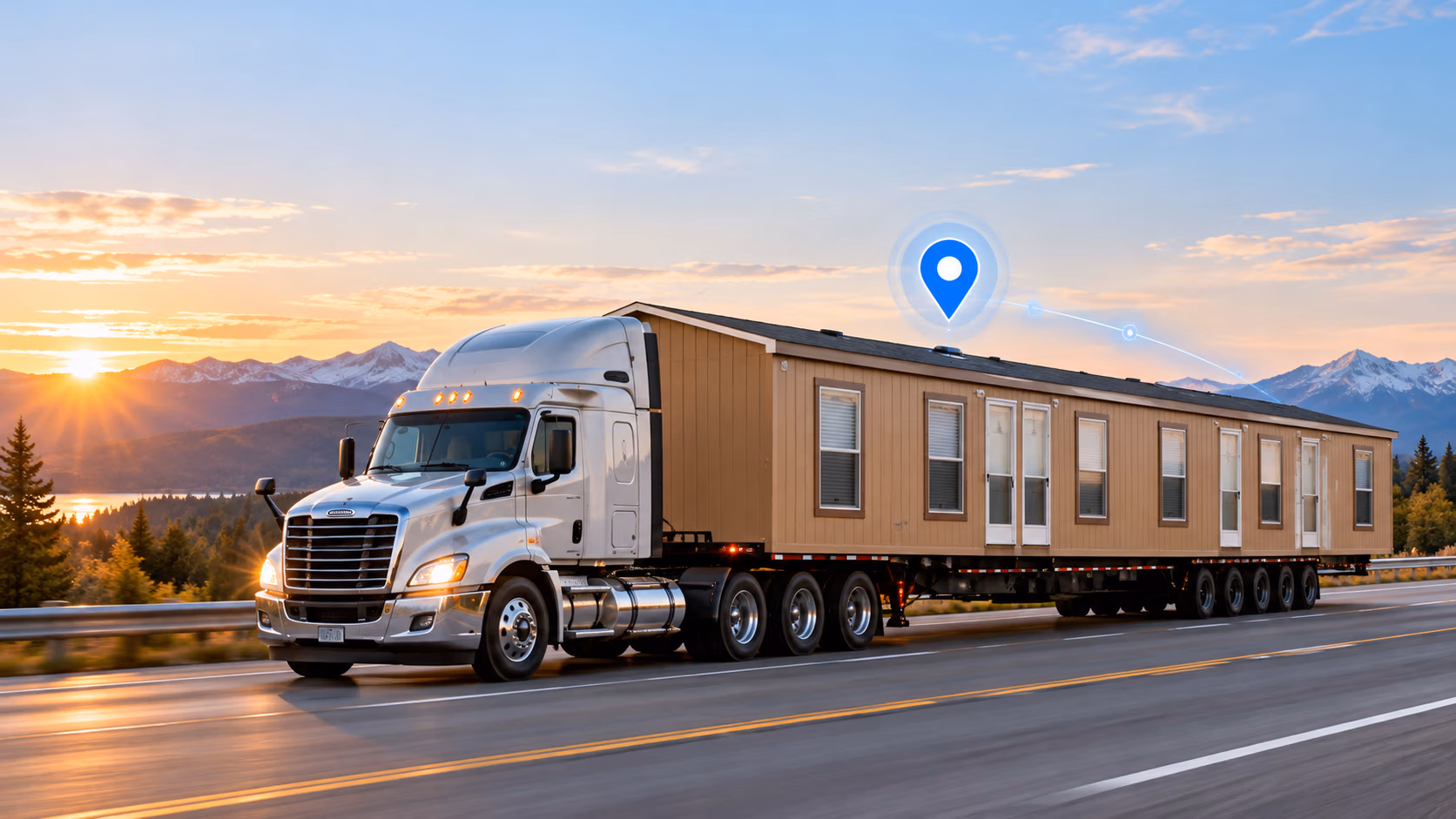 Workforce housing unit transported by truck with a GPS location marker.