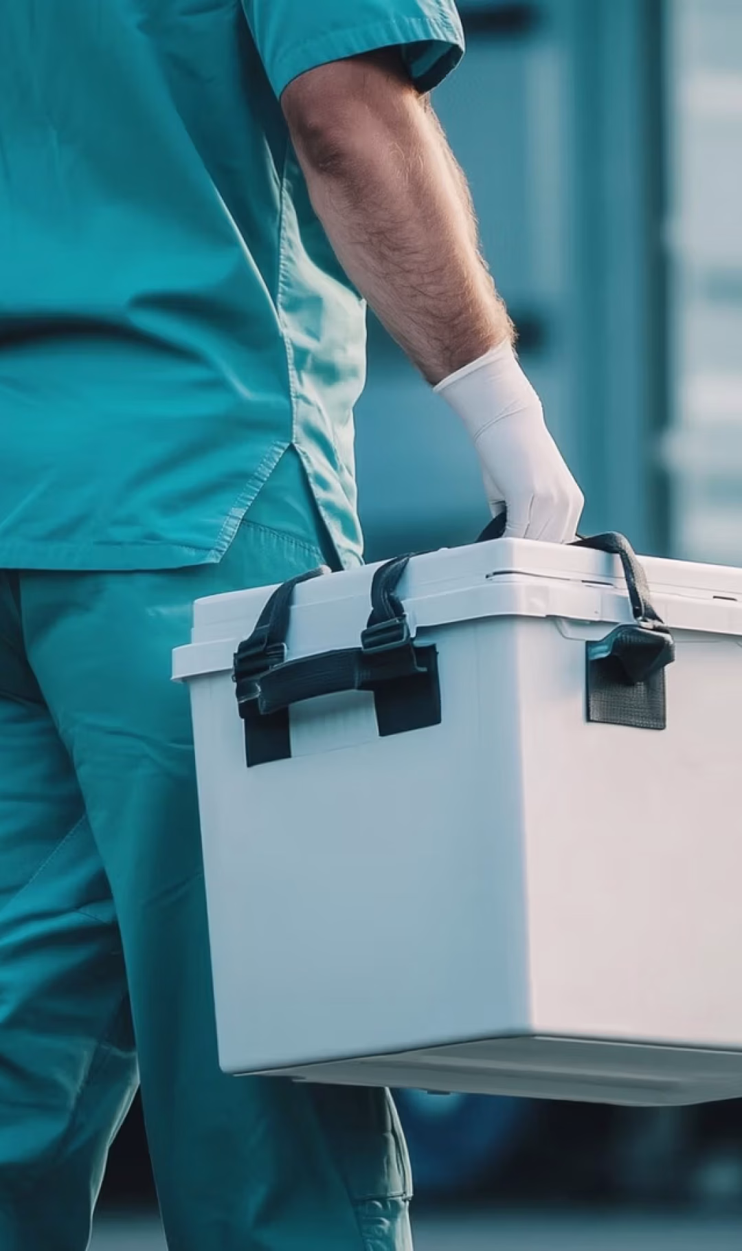 Medical professional carrying a cooler for organ transport, symbolizing organ preservation and transplantation logistics.
