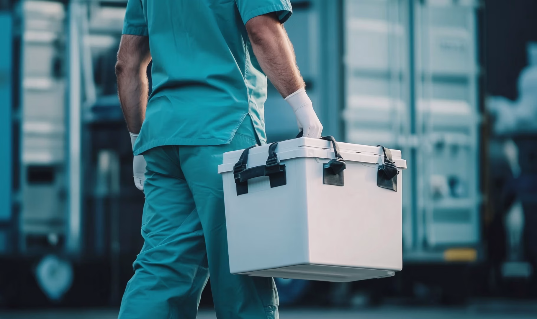 Medical professional carrying a cooler for organ transport, symbolizing organ preservation and transplantation logistics.