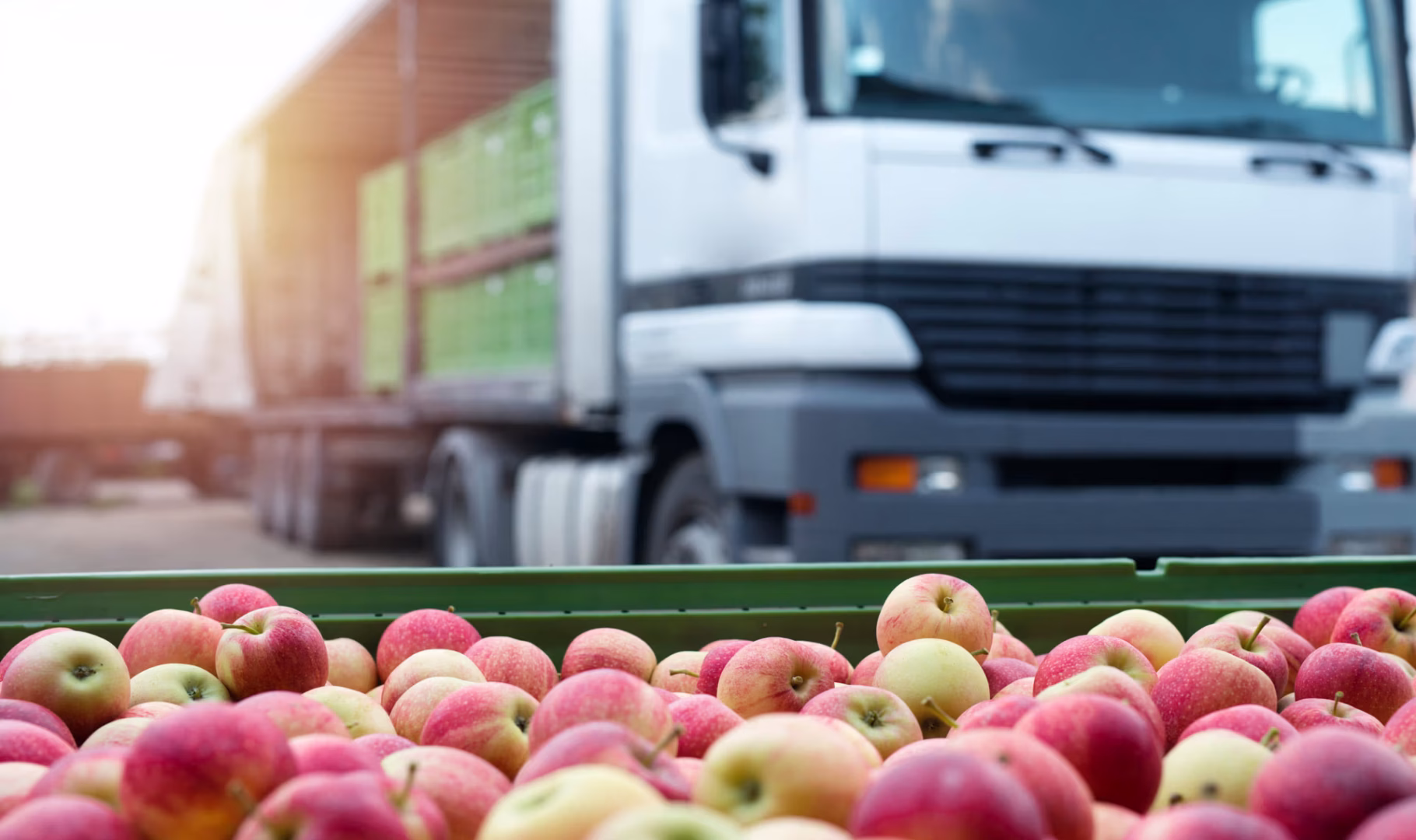 Fruit and food distribution. Truck loaded with containers full o